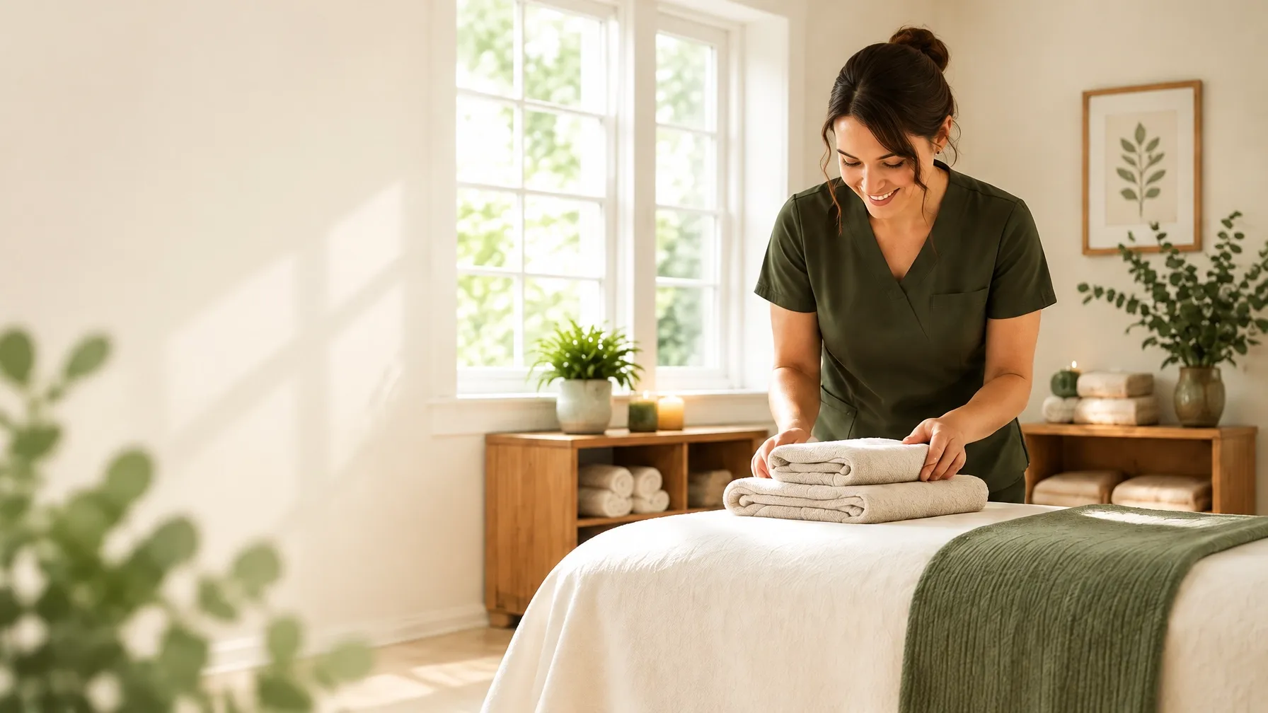Massage therapist preparing fresh towels in a bright, calm treatment room